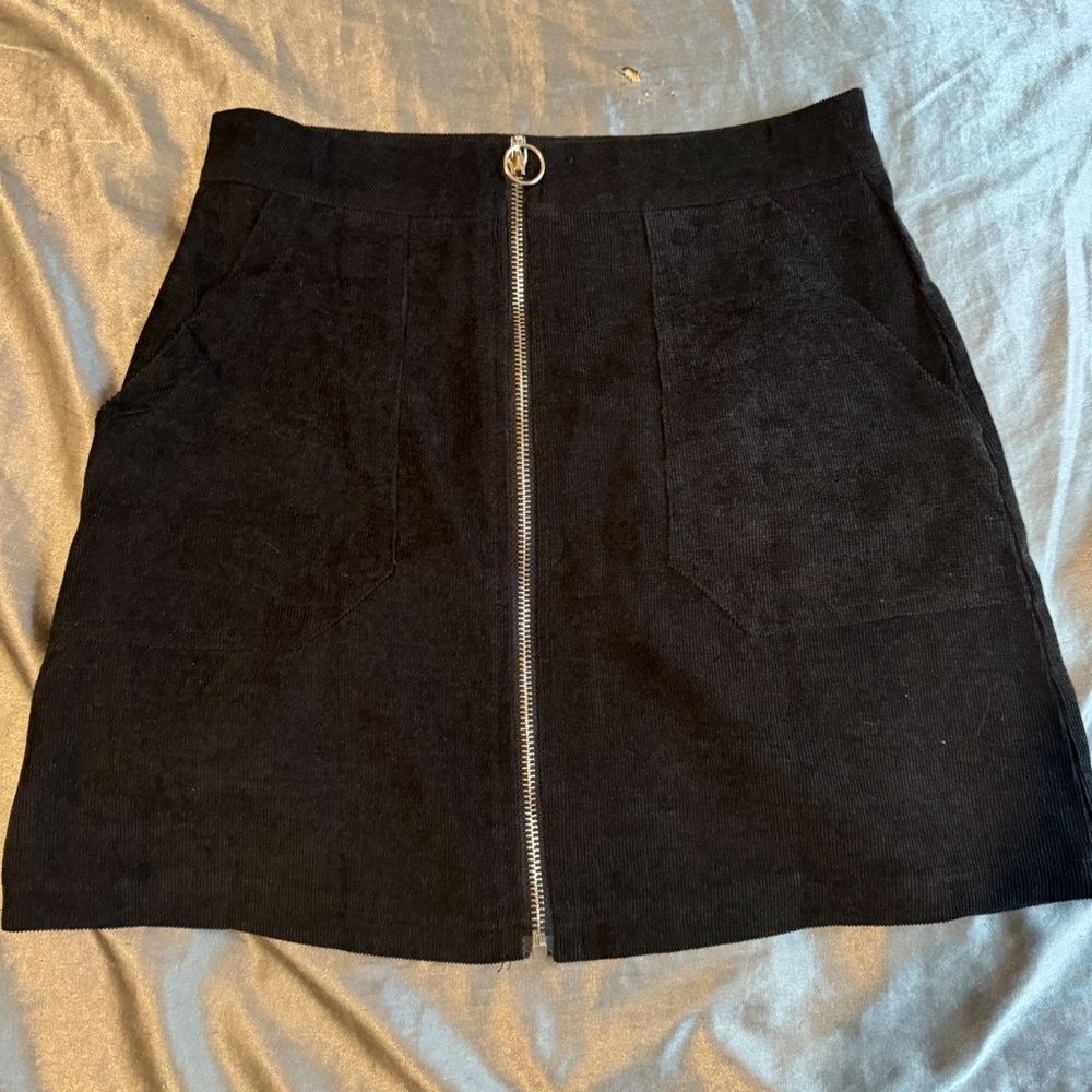 Black Corduroy Skirt with Front Zipper